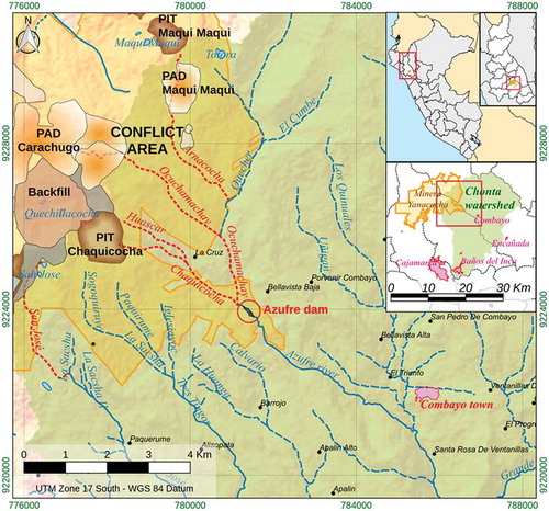 Figure 1. The conflict area in Combayo, Cajamarca, Peru. The figure shows the conflict area in the vicinity of the Yanacocha mine, the Chaquicocha and Ocucho Machay creeks, the Azufre river and the dam. The box in the upper right corner zooms in on the conflict area, the middle box shows the size of the Chonta watershed and the Yanacocha mine site in relation to the town centre of Combayo and the city of Cajamarca. Source: Designed by C. Cerdán based on ZEE-OT Cajamarca: Gobierno Regional de Cajamarca (2011), Zonificación Ecológica y Económica base para el Ordenamiento Territorial del departamento de Cajamarca, retrieved from http://zeeot.regioncajamarca.gob.pe/sites/default/files/DocumentoZEEfinal.pdf; M. Salazar, El camino del Azufre, La República, 3 September 2006, retrieved from http://larepublica.pe/03-09-2006/el-camino-del-rio-azufre.