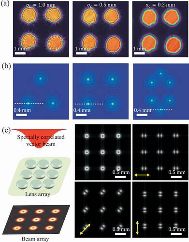 Figure 3. High quality beam shaping with low spatial coherence. (a) The images formed by passing the beams with different spatial coherence widths through four pinholes [Citation80]. (b) High-quality Bessel beam array generation by spatial coherence structure engineering [Citation162]. (c) High-quality radially polarized beam array generated by focusing the specially correlated partially coherent vector beam though lens array [Citation163]