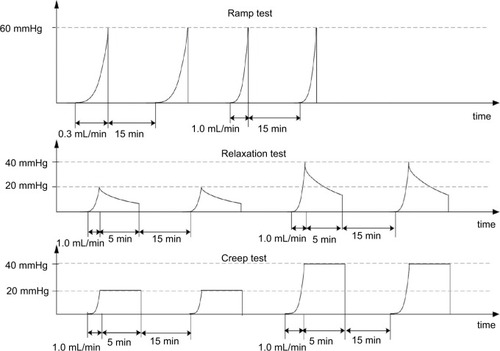 Figure 1 The experimental protocol includes three distension experiments: 1) ramp distension with two different speeds: 0.3 and 1.0 mL/min; 2) relaxation test: ramp distension with 1.0 mL/min to 20 and 40 mmHg and keeping the volume constant for 5 min; 3) creep test: ramp distension with the fast speed to 20 and 40 mmHg and keeping the pressure constant for 5 min. The interval between mechanical stimulations was 15 min.