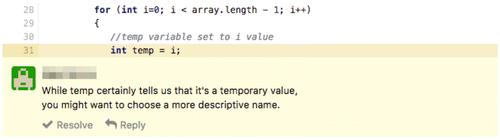 Figure A.2 Example peer code review comment about programming style.