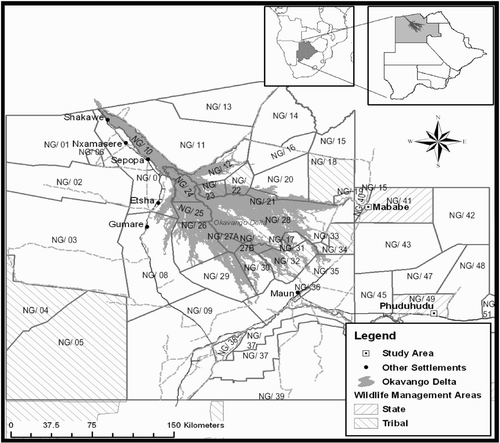 Figure 1: Map showing Ngamiland District, WMAs, controlled hunting areas and the locations of Mababe and Phuduhudu