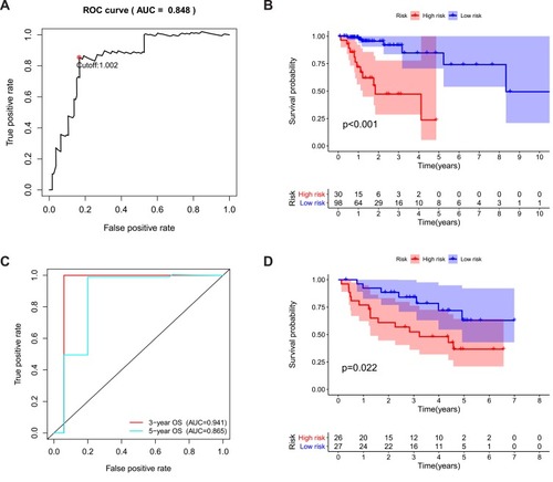 Figure 4 (A) ROC curve AUC statistics assess the predictive capability of the immune risk score model (TCGA database). (B) Kaplan–Meier survival curves of over survival between high- and low-risk group (TCGA database). (C) ROC curve AUC statistics assess the predictive capability of the immune risk score model (independent validation set derived from GEO database, N=856). (D) Kaplan–Meier survival curves of over survival between high- and low-risk group (independent validation set derived from GEO database, N=856).