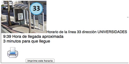 Figure 3. User interface for a local bus information service created by the Egoki system for young adults with intellectual disabilities. [Translation to English: “Horario de la línea 33 dirección BERIO” means Schedule of bus line 33 to BERIO. “15:29 Hora de llegada aproximada” means Approximate arrival time 15:29. “10 minutos para que llegue” means 10 min to arrival. “Imprime este horario” means Print schedule.]