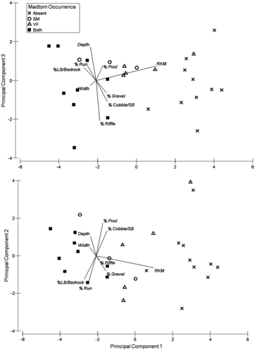 Figure 4. Ordination plots of principal component analysis: PC1 vs. PC3 (12.7%, upper) and PC1 (53.2%) vs. PC2 (16.2%, bottom) for reach-level macrohabitat in relation to smoky and yellowfin madtom occurrences within lower Abrams Creek.