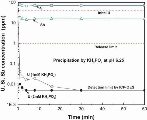 Figure 8. Changes of U, Sb, and Si in solution with time during the KUO2PO4 precipitations at pH 6.25 with using 1 mM and 2 mM KH2PO4.