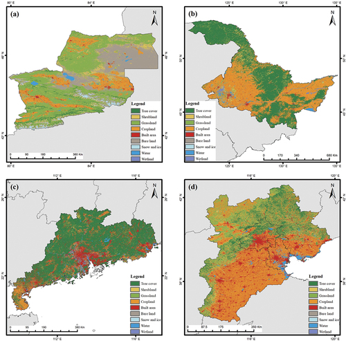 Figure 6. Land cover maps using the weighted majority voting algorithm. (a) Northern Xinjiang region; (b) Heilongjiang Province; (c) Guangdong Province; (d) Beijing-Tianjin-Hebei region.