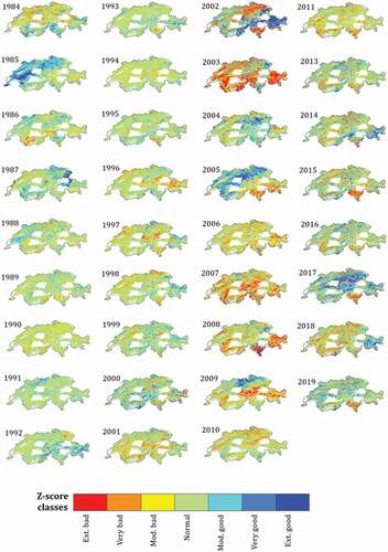 Figure 11. Mean Annual NDWI z-score anomalies for Switzerland for the period 1984–2019. Pixel classes are based on the classification of .Meroni et al. (Citation2019)