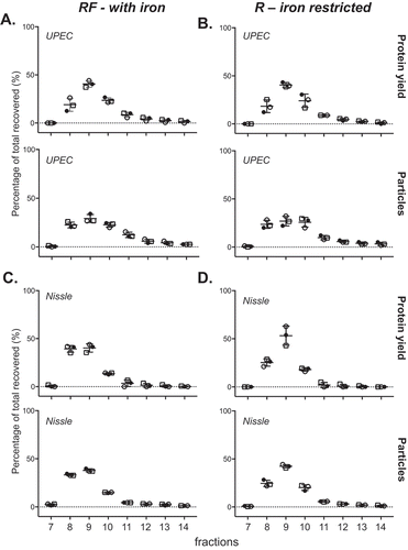 Figure 5. Fractionation of E. coli crude MVs is highly reproducible when equal protein loaded is used. Three biological replicates of crude MV preparations isolated from UPEC 536 (a, b) and Nissle 1917 (c, d) grown with (RF) and without (R) iron supplementation were fractionated by SEC. Protein amount and particle counts are graphed as a percentage per fraction of all recovered. Error bars are mean ± standard deviation.