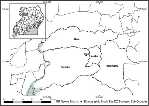 Figure 1. Map of Nwoya District, portraying the surveyed sub-counties (Alero, Purongo, Anaka, Koch Goma) and location of the in-depth study site (Lodi).