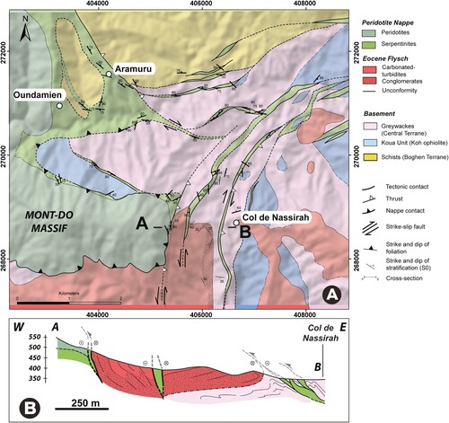 Figure 3. A, Geological map of the eastern part of the Massif du Mont Do. B, Simplified W-E cross-section.