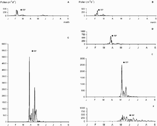 Fig. 3. Construction of the centre of gravity of the area included by the pollen curve for 2001 in Innsbruck: A. Alnus, B. Corylus, C. Betula, D. Fraxinus, E. Pinus, and F. Poaceae.