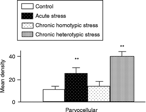 Figure 4.  The MD of CRF mRNA-containing cells in control, acute stress, chronic homotypic and chronic heterotypic stress rats in the parvocellular subdivision of the PVN. Values are mean ± SEM, n = 4 rats per group. **P < 0.01 compared with control by one-way ANOVA followed by Tukey–Kramer tests.