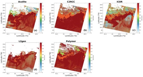 Figure 14. Quality assurance score (QAS) for OLI/Landsat 8-measured Rrs from different atmospheric correction processors. The scene was collected on 10 February 2016. The higher QAS, the better data quality.