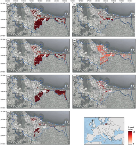 Figure 4. Fluvial flood potential impact indices in Gdańsk: (a) population; (b) residential buildings; (c) agriculture; (d) industry; (e) tourism; (f) road network; (g) railway network.