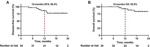 Figure 1 Kaplan–Meier survival curves in all patients. (A) Disease-free survival. (B) Overall survival.