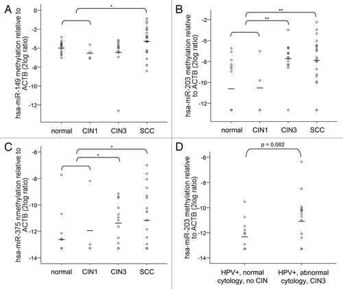 Figure 3. Methylation levels in cervical specimens. Methylation levels were determined in tissue specimens of normal cervix (n = 16), CIN1 (n = 4), CIN3 (n = 13) and SCCs (n = 20) for (A) hsa-miR-149, (B) hsa-miR-203 and (C) hsa-miR-375. In (D) methylation levels of hsa-miR-203 are shown in cervical scrapes of hrHPV-positive women with normal cytology and without any CIN disease during 5-y follow-up (n = 13) and in scrapes of hrHPV-positive women with abnormal cytology who presented with high-grade CIN disease within 18 mo (n = 17). hsa-miR-149, -203 and -375 methylation was undetectable in 0, 9 and 11 normals; 0, 2 and 2 CIN1; 1, 1 and 3 CIN3; and 0, 2, and 7 SCCs. Methylation of hsa-miR-203 was undetectable in 6 scrapes with normal cytology and 5 with abnormal cytology. Average methylation levels per sample group are indicated by the horizontal lines. * p < 0.05; ** p < 0.01.
