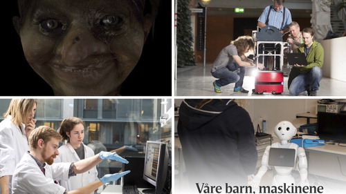 Figure 1. Examples of imagery in media coverage of the NTNU Cyborg initiative. Clockwise from top left: Troll (Aker-Bjerke Citation2016, image credit NTNU Cyborg) Researchers and robot (Wolden Citation2017, image credit Kai T. Dragland) Robot looking up at person, with header ‘Our children, the machines’ (Buset Citation2018, image credit Glen Musk), Researchers in office/lab setting (Wolden Citation2017, image credit Kai T. Dragland).