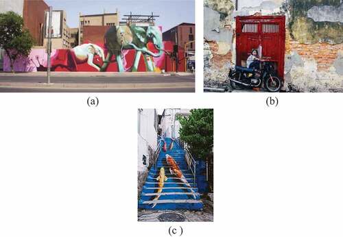 Figure 4. (a) Mural by Falko in Newtown. (b) Boy on a bike by Ernest Zacharevic. Armenian Street. (c) Fish Staircase, 2015.