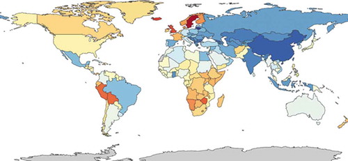 Figure 7. YLDs per 100,000 in patients with atopic dermatitis, both sexes all ages, 2015 [52(red) to 280 (darkblue)] (https://vizhub.healthdata.org/gbd-compare/)