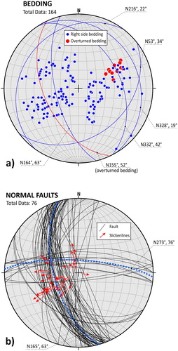 Figure 4. Stereographic projections (Schmidt net, lower hemisphere) for (a) the bedding of the Laga Formation and (b) the normal faults detected in the study area.