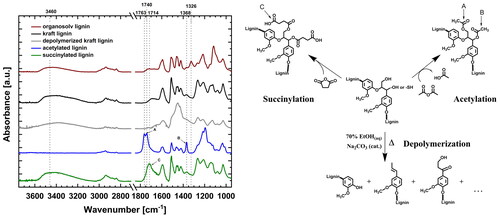 Figure 3. FTIR-ATR spectra of the modified lignins used as bonding additive for the welding, with proposed molecular structures of the modification of softwood kraft lignin. Exemplary shown is the β-aryl ether substructure of lignin. For depolymerisation, only some potential structures are depicted with no claim for completeness. A selection of characteristic absorption bands of the functional groups and their corresponding structural representations are denoted by the letters A–C.