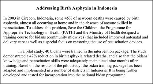 Figure 3.  Research demonstrated the cost-effectiveness of training community-based health workers to manage infection and birth asphyxia in low-resource settings. Such treatment was previously only available in health facilities. Source: Ariawan et al. (Citation2007).
