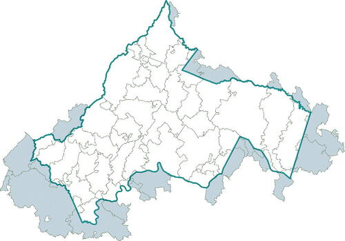 Fig. 1 Map of the ZCTAs that belong to the TJHD (boundary indicated as the wider dark blue line). Areas which lie outside the TJHD boundary are colored gray.