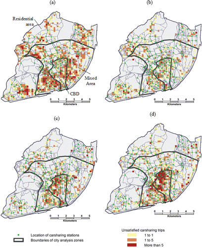 Figure 2. Space and time distribution of unsatisfied carsharing trips: (a) morning peak (7–10 am); (b) lunch (12–2 pm); (c) afternoon peak (4–8 pm); and (d) evening + night (9 pm to 6 am).
