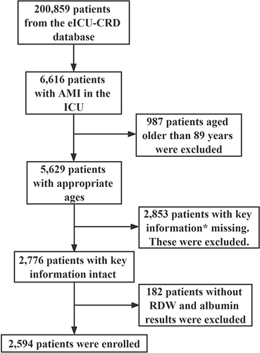 Figure 1 Flowchart of study participant selection. *Key information refers to mortality, body mass index (BMI), acute physiology and chronic health evaluation (APACHE) score, hospital length of stay, intensive care unit (ICU) length of stay, and mechanical ventilation use.