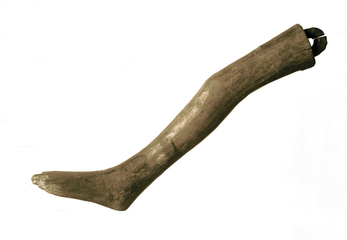 Fig. 3. A votive wooden leg (C2311) from Røldal church dated to 1322-1410 AD (measuring 24.5 x 7.7 x 3.6 cm). © Museum of Cultural History, University of Oslo, CC BY-SA 4.0.