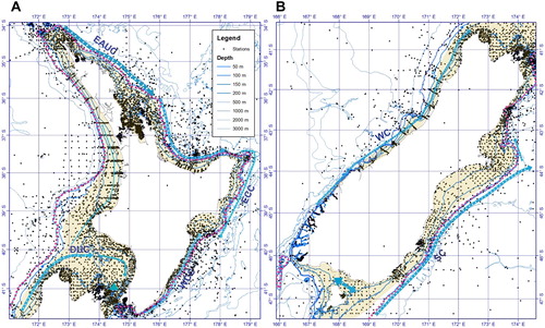 Figure 1. (A) Bathymetric map of the New Zealand region. The isobaths are at 150 m, 500 m, 1,000 m, 2,000 m, 3,000 m and 4,000 m. The main bathymetric features mentioned in the text are labelled. Abbreviated locations are: C Is. – Campbell Island/Motu Ihupuku, B Is. – Bounty Islands, A Is. – Auckland Islands, Ch Is. – Chatham Island, An Is. – Antipodes Islands, M Is. – Macquarie Island, CS – Cristable Seamount, BS – Bollons Seamount, HC – Hokitika Canyon, PT – Puysegur Trench, OC – Otago Canyons, MS – Mernoo Saddle, TVZ – Taupo Volcanic Zone, STF – Subtropical Front, ACC – Antarctic Circumpolar Current, DWBC – Deep Western Boundary Current. The area shaded in orange (depths >4000 m) is the below the CCD (carbonate compensation depth; Bostock et al., Citation2011). (B) Location of all the stations used in this study, within and just beyond the New Zealand’s Exclusive Economic Zone (EEZ) and outer limit of the Extended Continental Shelf (OLECS).