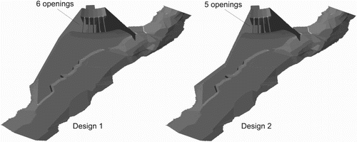 Figure 4. Perspective view of the computational domain considered in the near-field model for designs 1 (left) and 2 (right). The transition between the concrete bottom of the intake and the natural ground is clearly observed as a discontinuity in the bed topography.