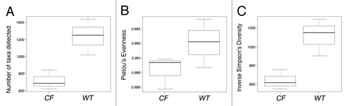 Figure 1. Comparison of GI microbiome community (A) Richness; (B) Evenness and (C) Diversity in WT and CF animals.