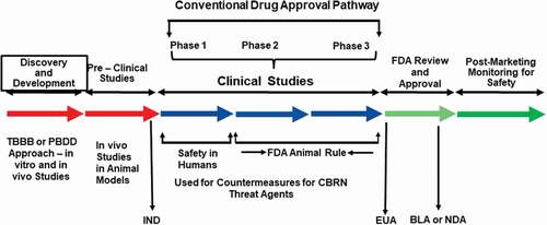 Figure 1. Identification and development of drugs for regulatory approval and human use. Such drug development involves several steps and takes a significant amount of time. BLA, biologics license applications; CBRN, chemical, biological radiological and nuclear; EUA, emergency use authorization; FDA, Food and Drug Administration; IND, investigational new drug; NDA, new drug application; PBDD, phenotype-based drug discovery; TBDD, target-based drug discovery