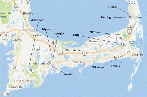 Figure 1. Locations of treatment lakes on Cape Cod, MA. Base map from Acme Mapper 2.1.