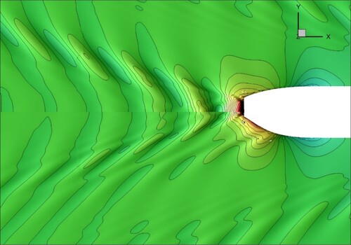 Figure 17. Stern wave pattern for original (top half) and optimized design (bottom half), for condition A.