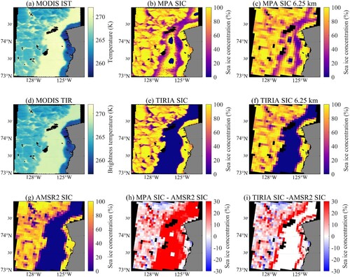 Figure 7. Comparison of the TIR and AMSR2 SICs around the Banks Island on 20 May 2019 (region 16 in Figure 1 and Table 2). (a) IST of MODIS; (b) MODIS MPA SIC; (c) MODIS MPA SIC at 6.25 km resolution; (d) brightness temperature of MODIS band 31; (e) MODIS TIRIA SIC; (f) MODIS TIRIA SIC at 6.25 km resolution; (g) AMSR2 SIC; (h) and (i) Differences between the MPA, TIRIA SICs and the AMSR2 SICs.