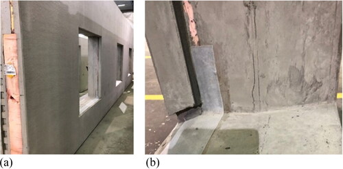 Fig. 1. a) Newly manufactured concrete sandwich element in factory, b) Installed flashing of butyl tape that covers the insulation at the wall below a window opening, as well as external pre-compressed sealing tape on concrete edges.