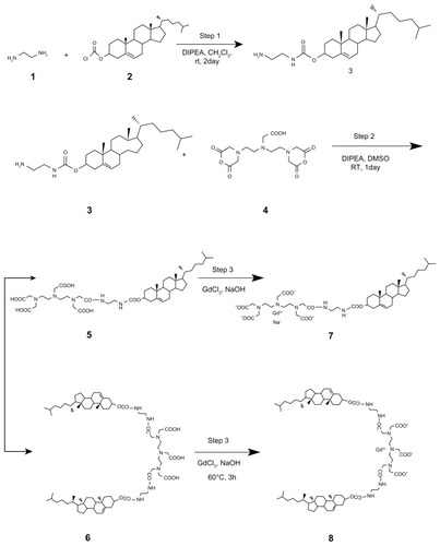 Scheme 1 Route of synthesis for Gd-DTPA-cholesterol and Gd-DTPA-(cholesterol)2.Abbreviations: Gd, gadolinium; DTPA, diethylenetriamine penta-acetic acid.