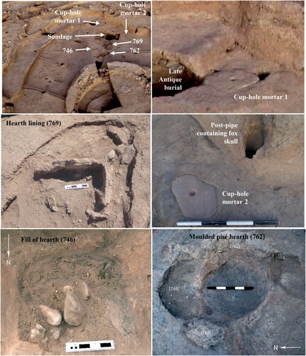 Figure 16 The north-west end of Structure O75 showing cup-hole mortars and hearths (drawing: D. Maričević; photos: S. Mithen and B. Finlayson).