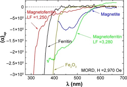 Figure 13 Wavelength dependence.Notes: Faraday rotation (MORD) for HSF, synthetic magnetoferritin with different loading factors (loading factor 1,250 and 3,280), Fe2O3, and magnetite suspensions. Reprinted from Koralewski M, Kłos JW, Baranowski M, et al. The Faraday effect of natural and artificial ferritins. Nanotechnology. 2012;23:355704.Citation159 Copyright 2012. IOP Publishing Ltd.Abbreviations: MORD, magnetic optical rotatory dispersion; HSF, horse-spleen ferritin; LF, loading factor.