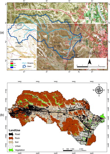 Figure 2. Watershed delineation and stream network projected on a topographic map (a), and the land use and land cover map of the watershed based on a remote sensing technique for the estimation of CN (b).