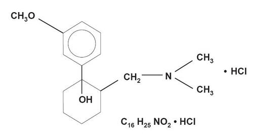 Figure 2 Structure of tramadol extended-release: (±) cis-2-[(dimethylamino) methyl]-1-(3-methoxyphenyl) cyclohexanol hydrochloride (CitationUltram PI 2004).