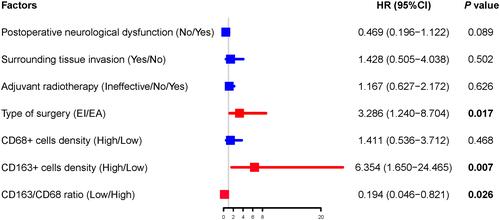 Figure 7 Multivariate Cox proportional hazard analyses of prognostic factors for overall survival in patients with chondroblastoma. The results showed that type of surgery, density of CD163+ cells and CD163/CD68 ratio were significant predictors of patients’ overall survival (bold values used in the Figure indicate P < 0.05). Patients with Enneking inappropriate tumor resection and high number of CD163+ cells had a 3.286- and 6.354-times higher risk of death after surgery than their counterparts, respectively. However, patients with low CD163/CD68 ratio within the chondroblastoma microenvironment were 0.194 times less likely to have death following surgery than those harboring high CD163/CD68 ratio.