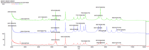 Figure 1 MALDI-TOF MS results of three isolates; green curve was S18010071_S, the blue curve was R17123922_R, and the red curve was R18013231_R.