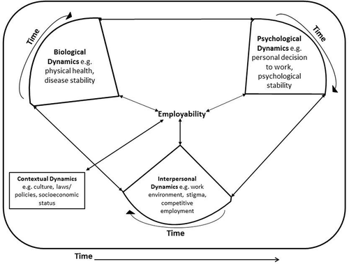 Figure 2. Adapted from Lehman et al. [Citation25] showing the dynamic interaction of bio-psycho-social factors in the employability of persons with psychiatric disabilities.