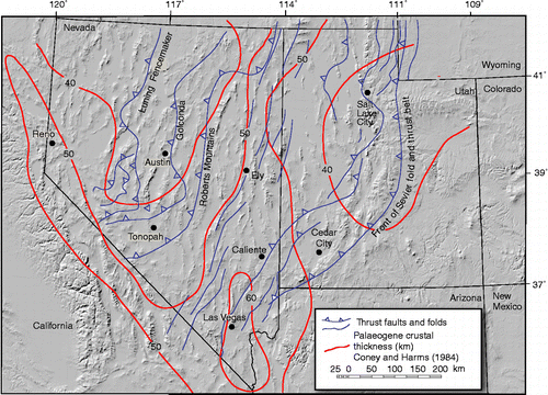 Figure 1 Major thrust faults and fold belts in the Great Basin of Nevada and Utah (Oldow et al. Citation1989; McQuarrie and Chase 2000; see also DeCelles Citation2004) and hypothetical contours (in km) of early Tertiary crustal thickness (Coney and Harms Citation1984).