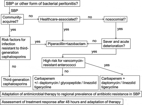 Figure 1. Flowchart for suggested empirical antibiotic therapy in patients with suspicion of spontaneous bacterial peritonitis (SBP). In patients with previous culture-positive SBP therapy should be chosen to cover previously detected bacteria.