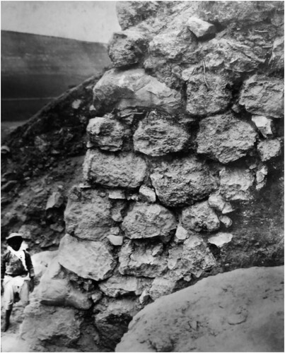 Figure 13. The edge of the ‘Revetment’ on the east side of Tel Lachish (Point 19, the lower part). Note that the massive wall was built on bedrock and still standing to a height of 13 courses (courtesy of the Wellcome Trust archive, London).