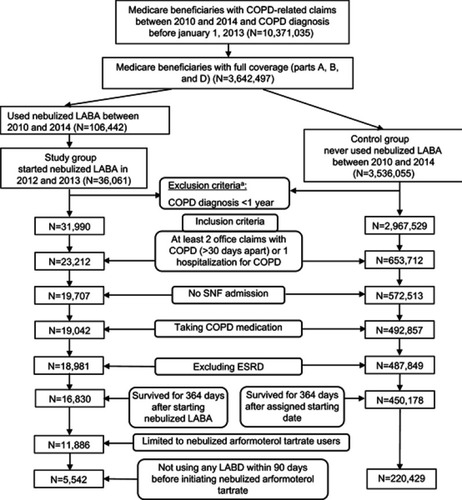 Figure 1 Flow chart depicting selection of sample and study cohorts. aFull coverage and COPD diagnosis <1 year prior to first nebulized LABA claim. Excluded deaths before first nebulized LABA claims.